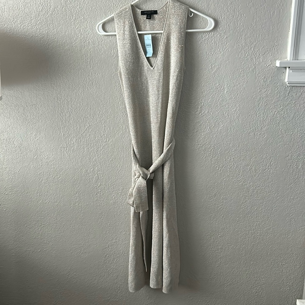 Ann Taylor Petite XS silver sparkle sleeveless v-neck dress with tied waist